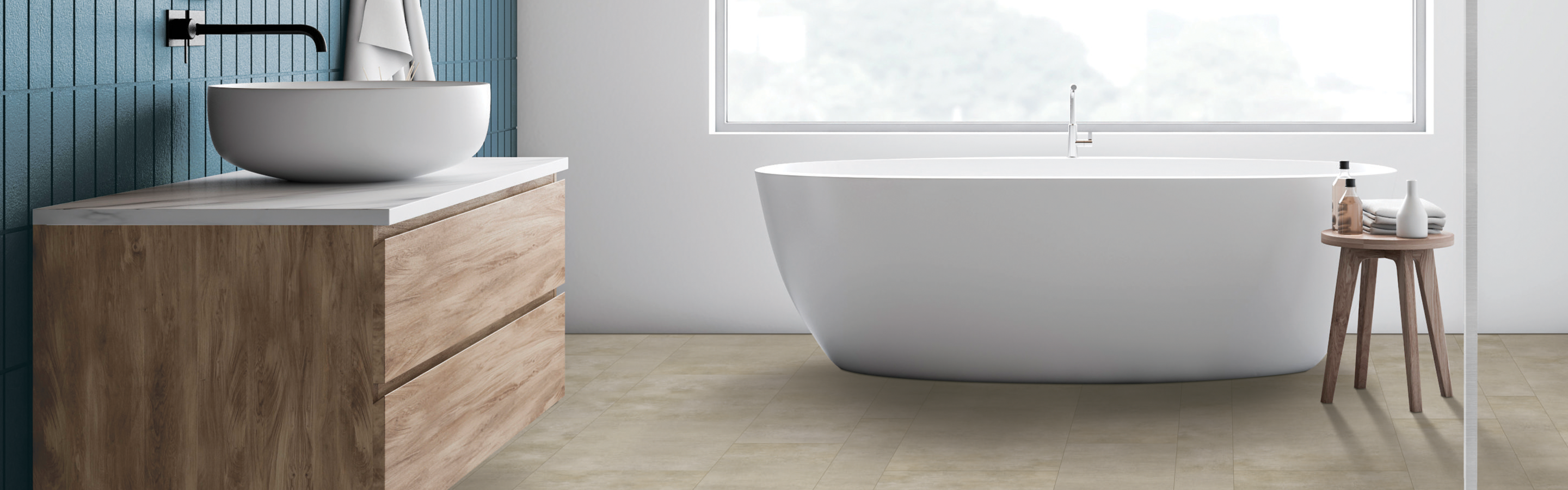 Wood look vinyl plank in bath with large window and tub 