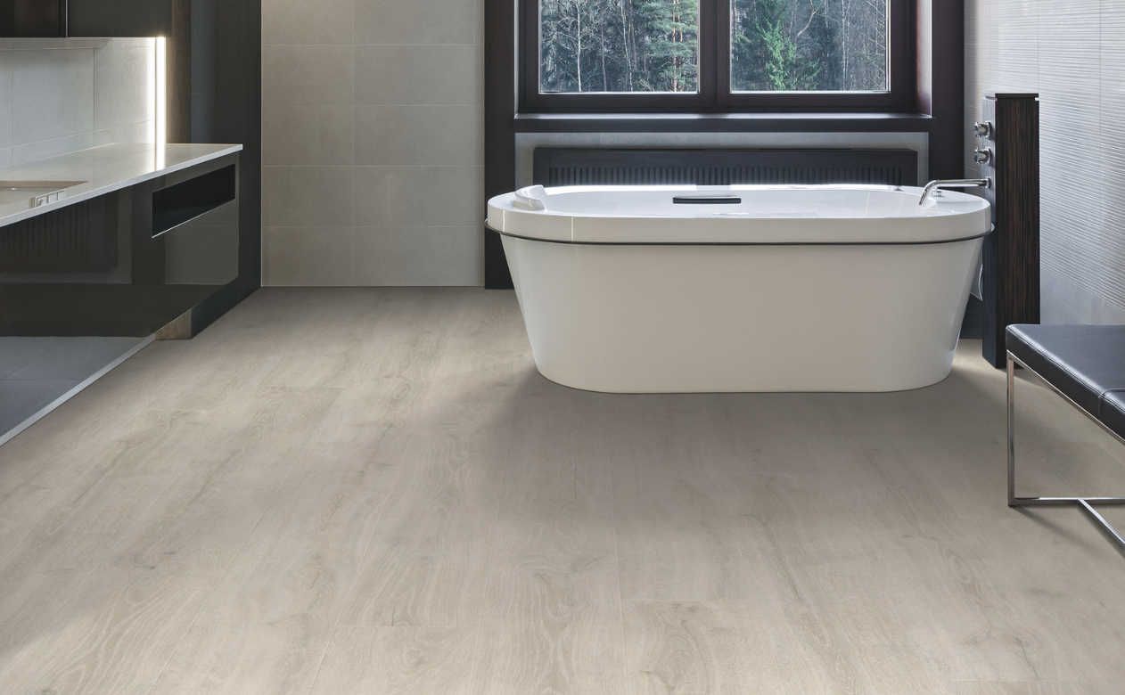 Bathroom with wood-look laminate flooring