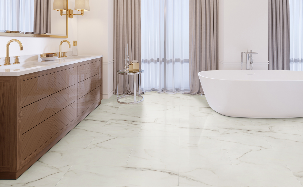 Vinyl tile white marble-look in bath with standing tub 